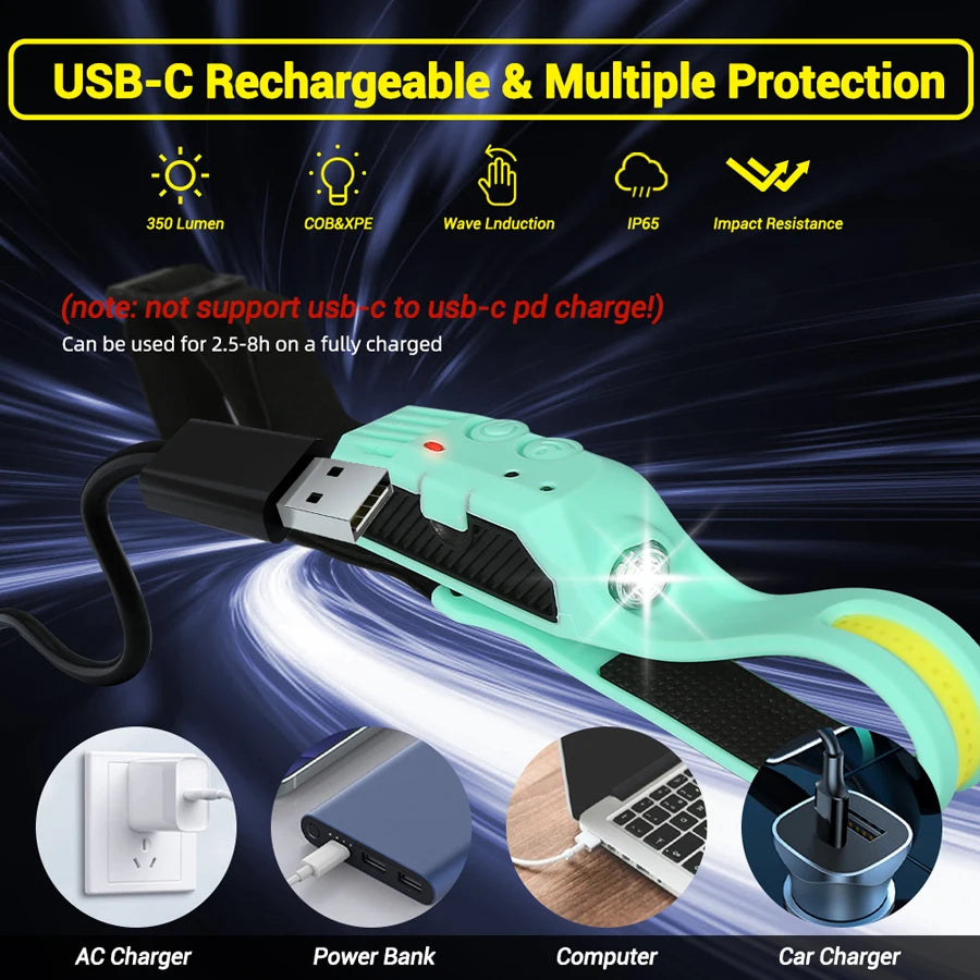 Linterna Frontal LED COB Recargable con Sensor de Movimiento, 5 Modos