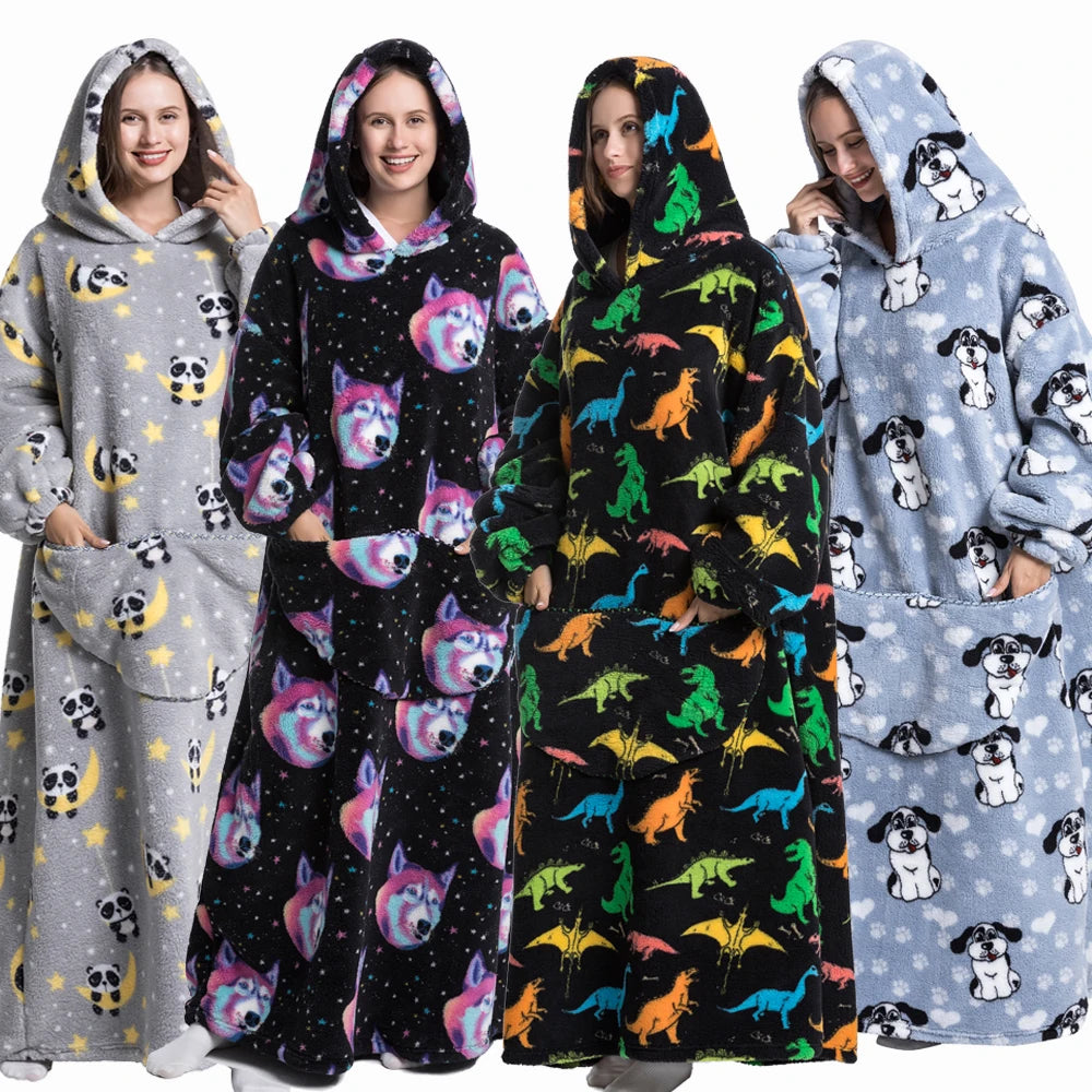 Ropa de invierno para mujer, sudaderas con capucha de lana de felpa para adultos y niños, pijamas para el hogar, sudaderas con capucha muy cálidas, Jersey, Tops de gran tamaño