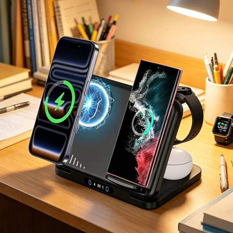 Soporte de Carga Inalámbrico Plegable 4 en 1 para Magsafe iPhone 17 Samsung S26 Galaxy Watch 8 7 6 5 Active 1 2 Buds Pro Carga Rápida