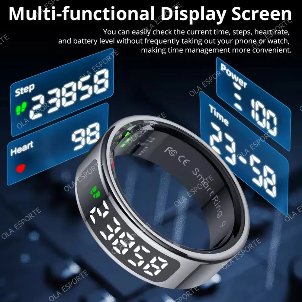 Anillo inteligente pantalla táctil LED Monitor de salud Control de gestos estuche de carga inalámbrica anillo deportivo impermeable hombres mujeres 2025