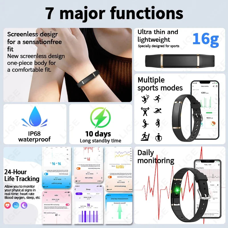Pulsera inteligente Bluetooth LIGE con monitor de salud y frecuencia cardíaca