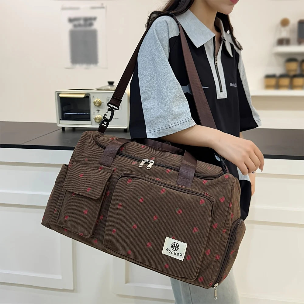 Bolsa de Viaje de Pana con Diseño de Fresa de Gran Capacidad