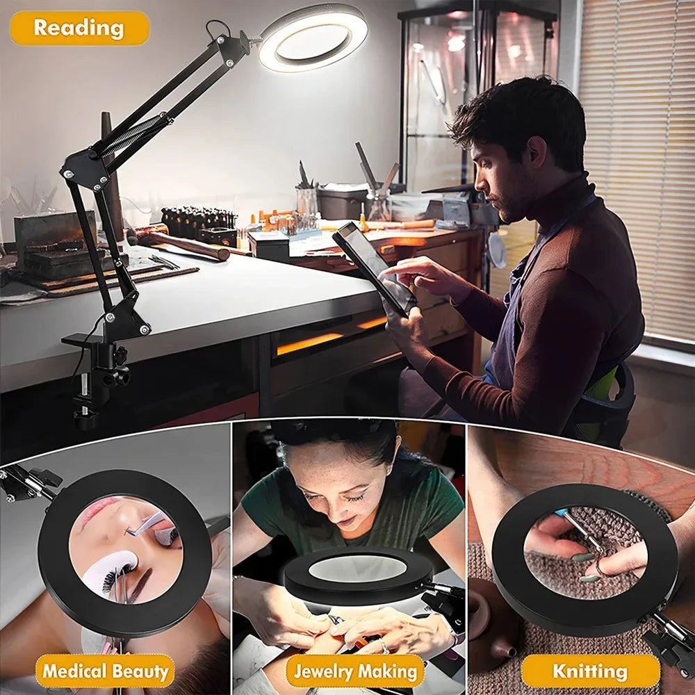 Lupa 10X con 72 LEDs, Lámpara con Clip y Soporte para Teléfono