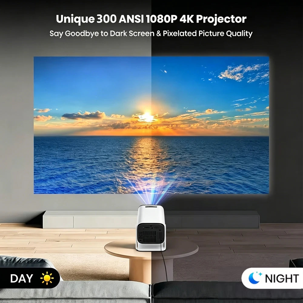 Mini Proyector Inteligente con Wi-Fi y Bluetooth Integrados, Compatible con Reproducción 4K 1080P Ultra HD, para Fiestas en Casa y Exteriores, Portátil