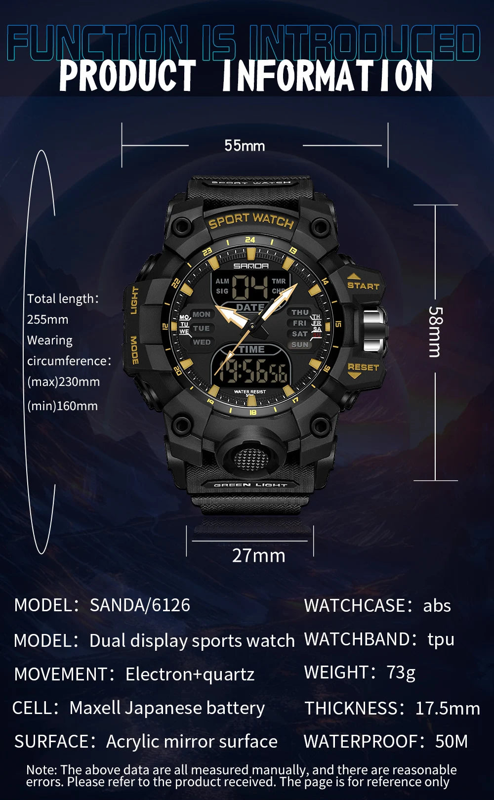 SANDA-reloj electrónico de lujo estilo G para hombre, cronógrafo Digital analógico LED para deportes al aire libre, pantalla Dual militar, resistente al agua hasta 50M