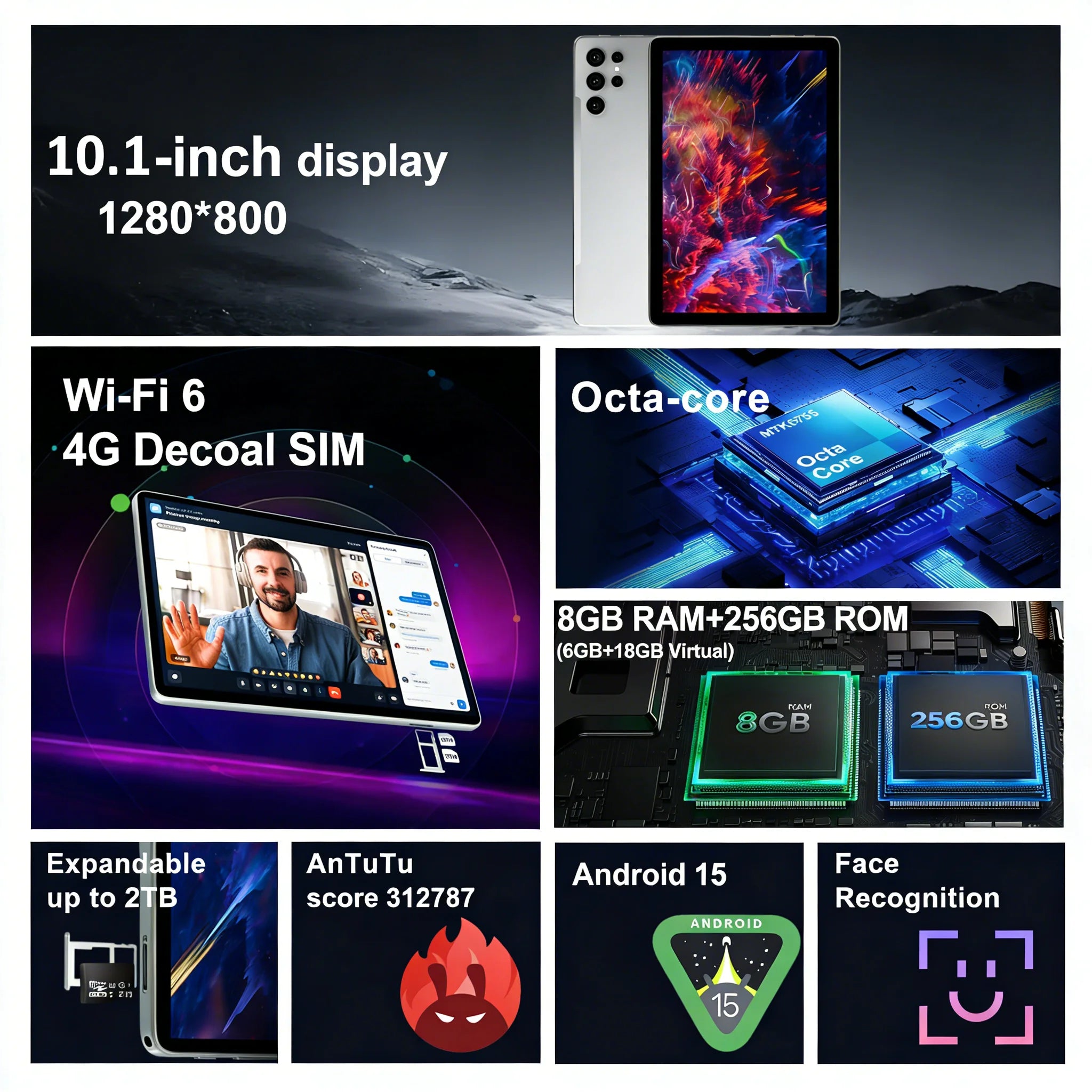 Tablet Android 15 de 10.1 pulgadas, compatible con doble tarjeta SIM, 8GB de RAM, 256GB de almacenamiento, pantalla táctil OLED HD, batería de larga duración, viene con [funciones adicionales]