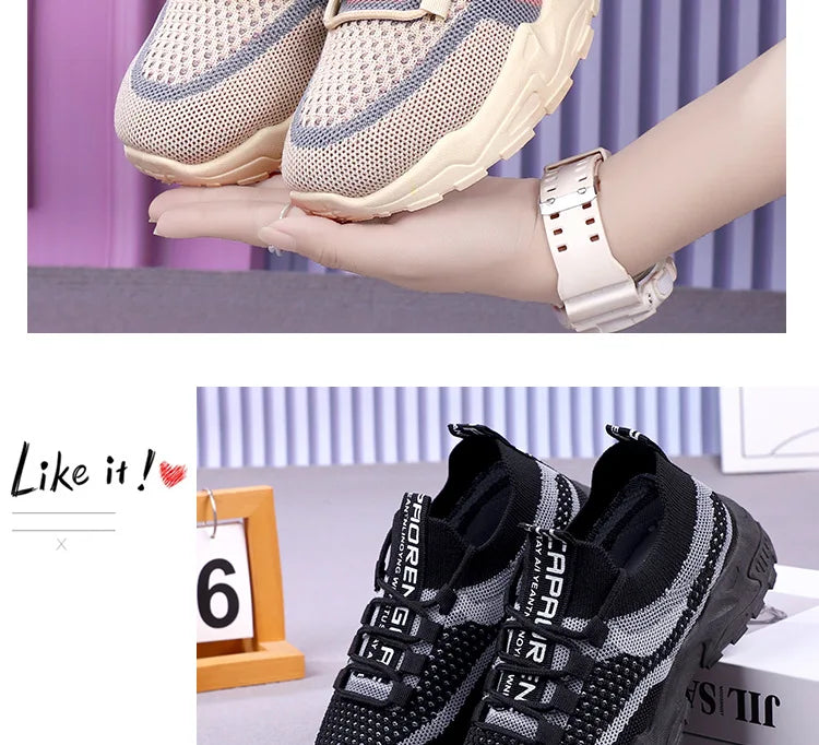 Zapatillas gruesas 2025, zapatos informales para mujer, zapatos deportivos transpirables de malla de aire para primavera y otoño, zapatos para correr de suela blanda para mujer
