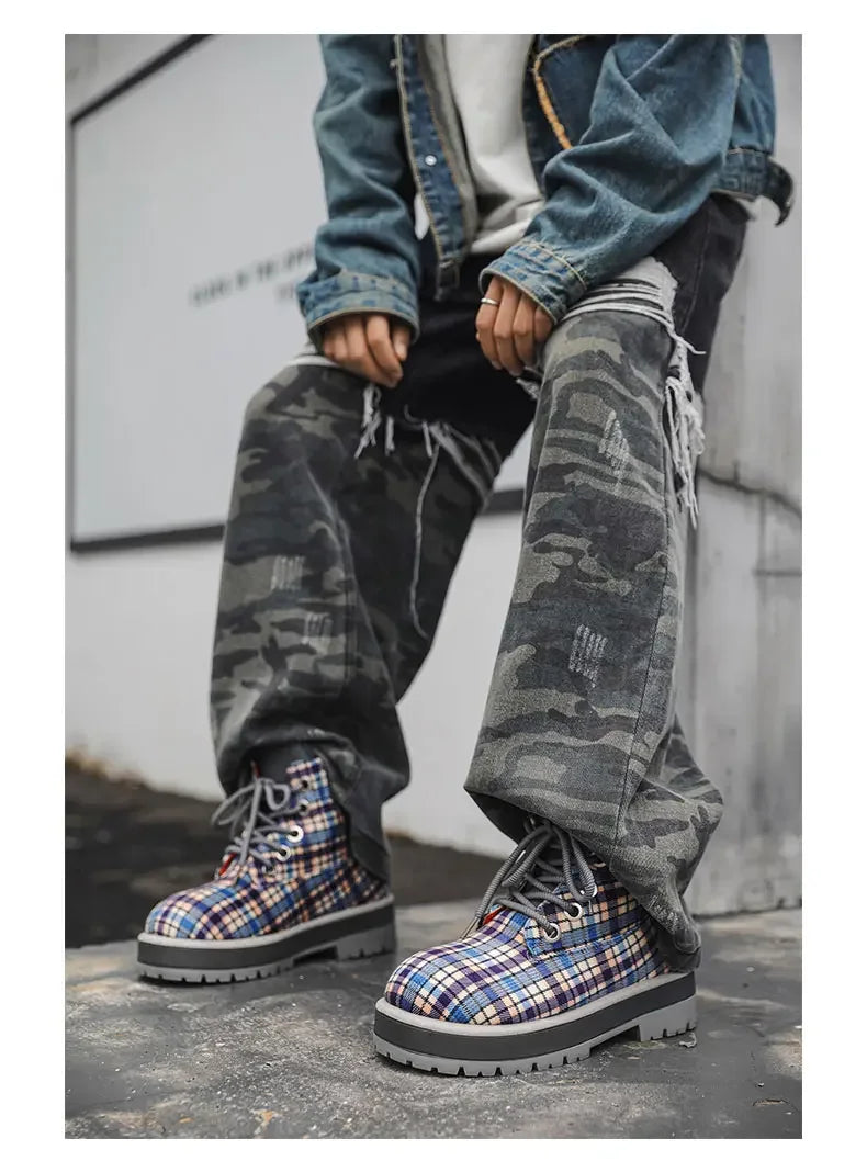 Botas de tobillo a cuadros para hombre con cordones y suela antideslizante