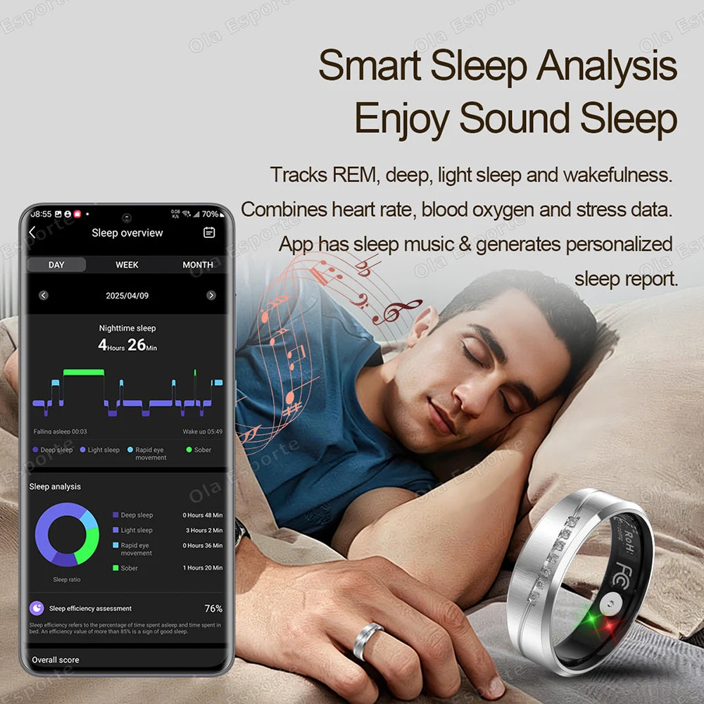 Anillo Inteligente de Joyería de Moda con Recordatorio de Llamadas, Alarma por Vibración, Monitor de Frecuencia Cardíaca y Oxígeno en Sangre, Resistente al Agua IP68, Regalo para Hombre