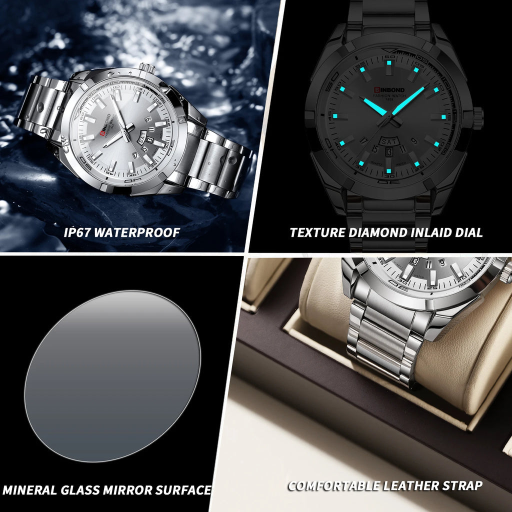 Reloj de Cuarzo BINBOND para Hombre Elegante Resistente al Agua