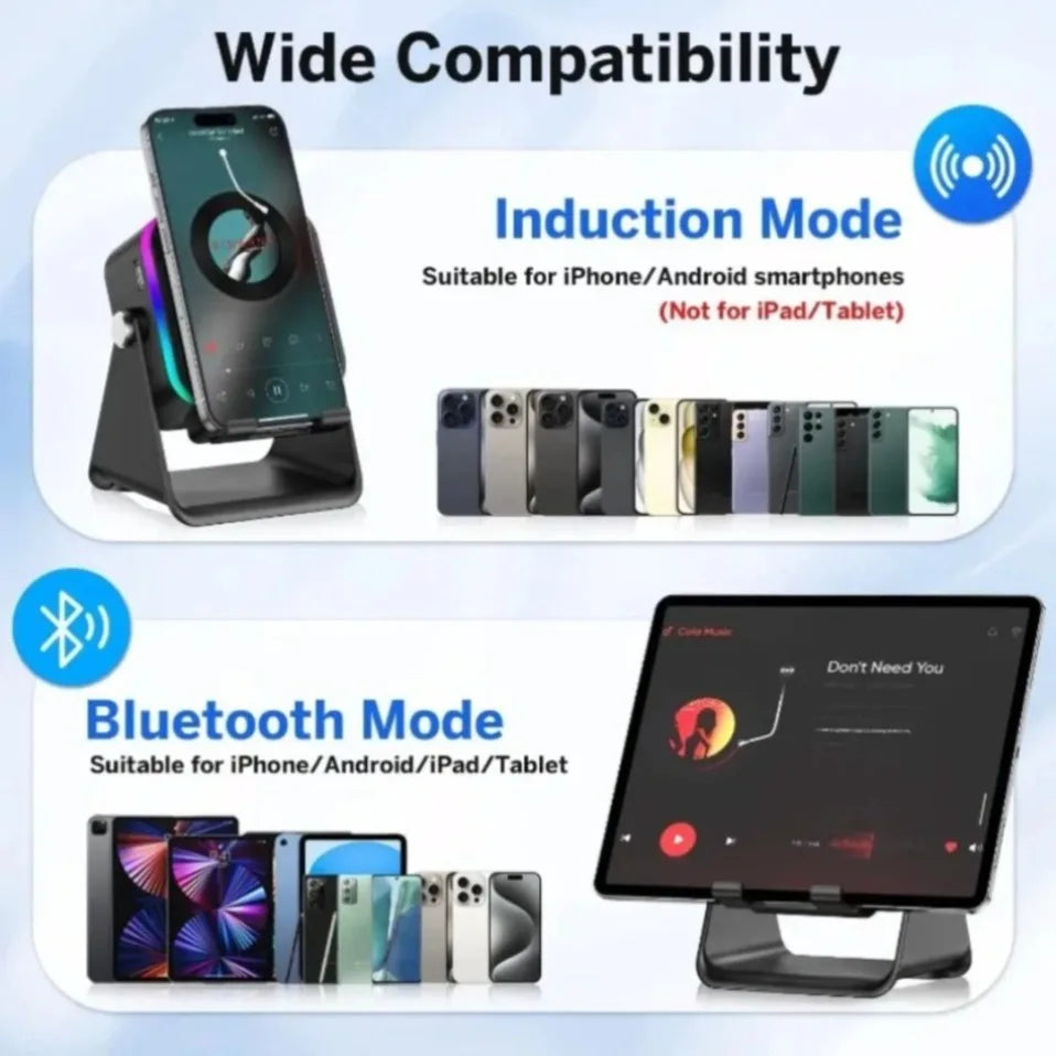 Soporte portátil para teléfono con Bluetooth 5 en 1, altavoz inalámbrico de inducción automática, soporte para teléfono con luz RGB de 8 modos, sonido envolvente
