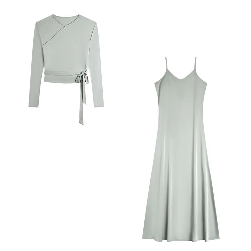 VEITCHE 2025 moda mujer vestido largo traje de algodón con cuello en V Top de punto con cinturón + falda larga de tirantes de Color sólido satinado