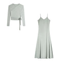 VEITCHE 2025 moda mujer vestido largo traje de algodón con cuello en V Top de punto con cinturón + falda larga de tirantes de Color sólido satinado