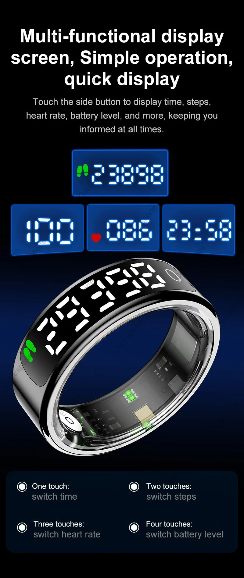 Anillo inteligente pantalla táctil LED Monitor de salud Control de gestos estuche de carga inalámbrica anillo deportivo impermeable hombres mujeres 2025