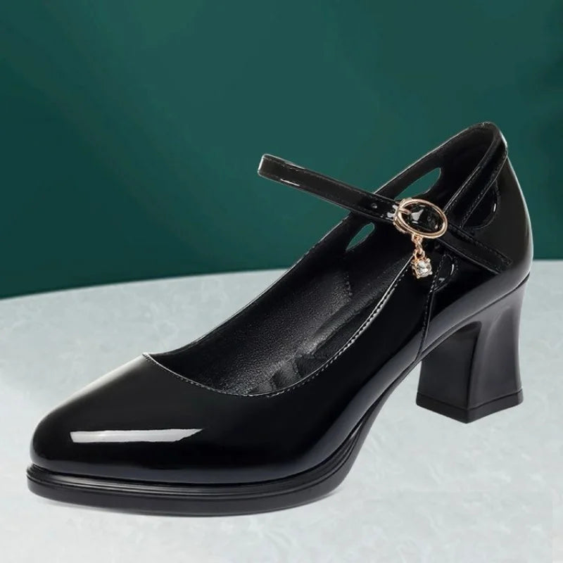 2025 Primavera/otoño Nuevos zapatos de tacón de trabajo profesionales negros para mujer - Zapatos de vestir de tacón medio con plataforma y correa, zapatos de oficina para madres