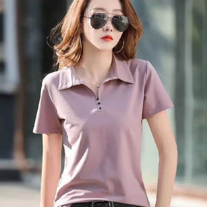 Camiseta Polo Femenina Estilo Coreano de Primavera