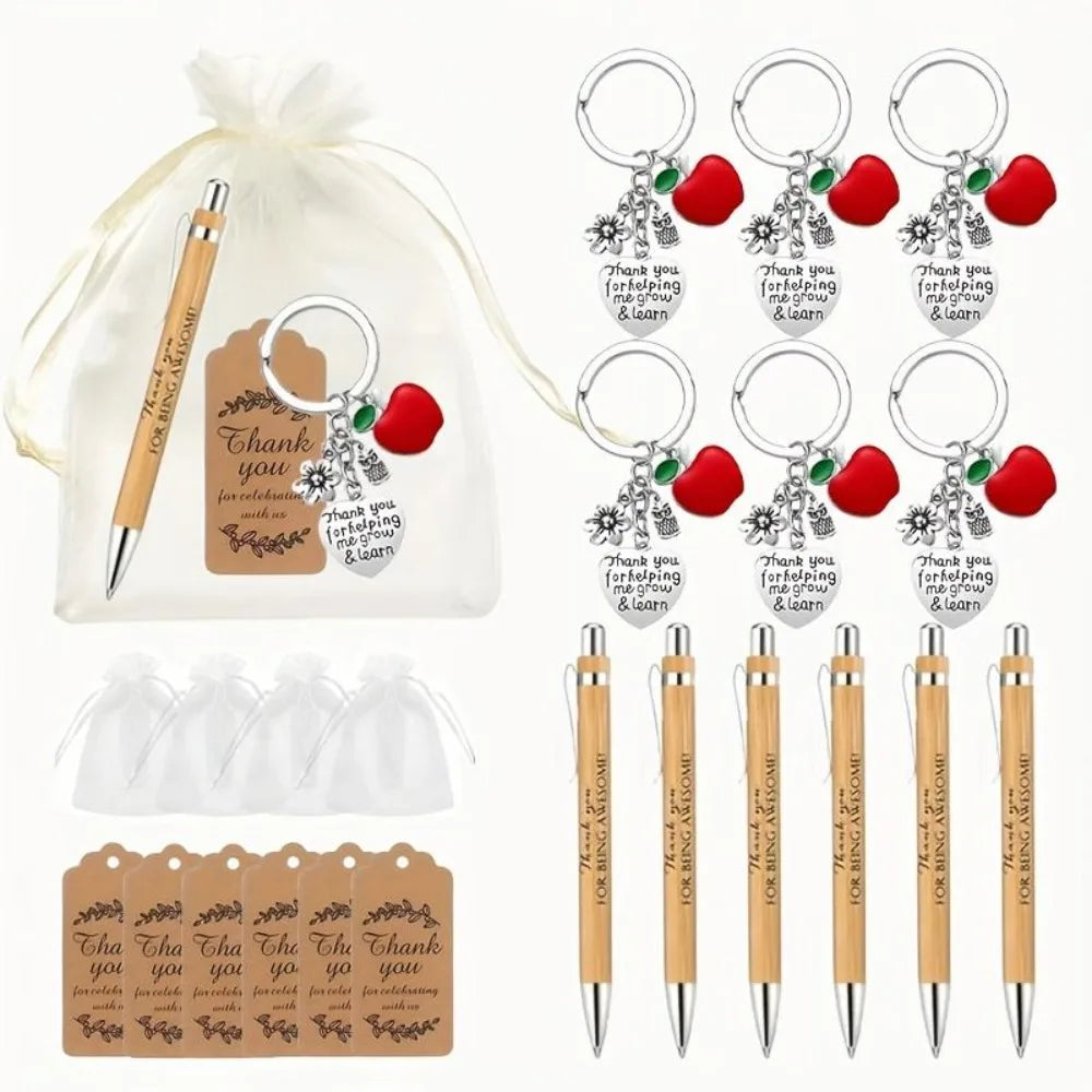 Set de Regalo de Agradecimiento para Maestros, 24 Piezas, 6 Sets, Bolígrafo de Bambú, Llavero, Tarjeta de Agradecimiento, Bolsa para Graduación Escolar, Jubilación, Festividades