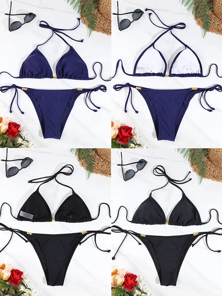 Conjunto de Bikini Triangular Sexy con Tanga Micro, Traje de Baño para Mujer, Ropa de Playa, Bikini de Color Sólido