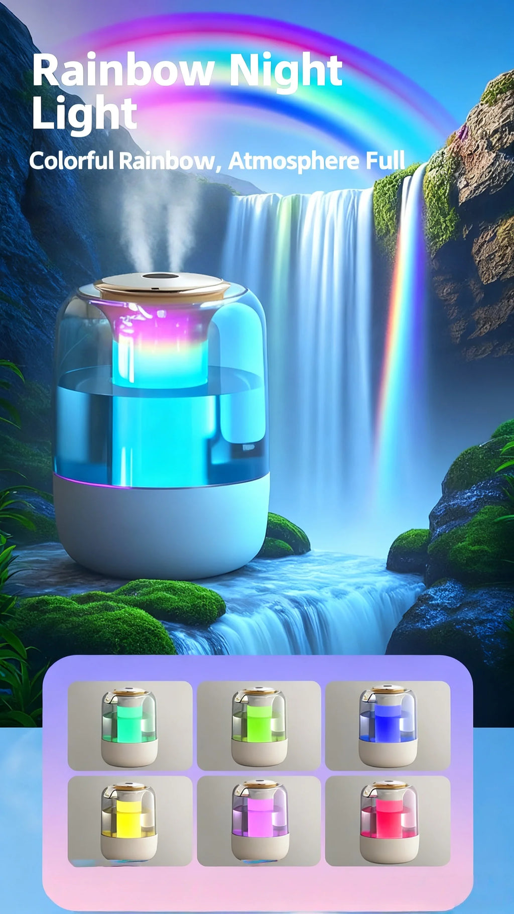 Humidificador de doble pulverización, luz ambiental, niebla silenciosa, sensor inteligente para monitoreo en tiempo real y ajuste de humedad