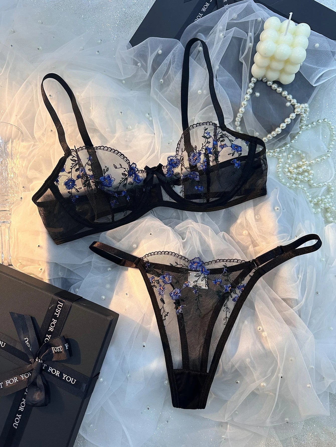 Conjunto de Sujetador y Bragas Ultrafino con Estampado Floral para Mujer