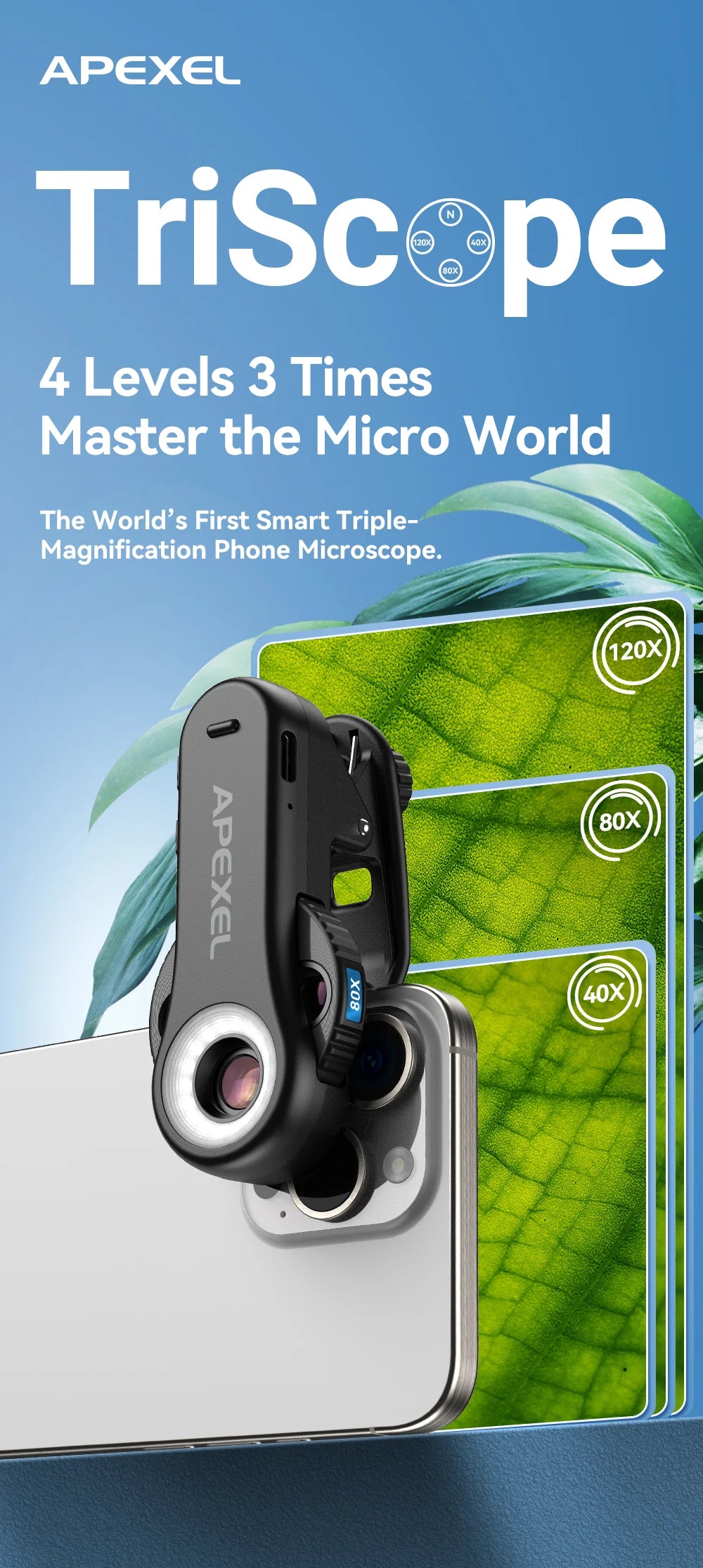 Microscopio HD 3 en 1 para Smartphone con Luz LED