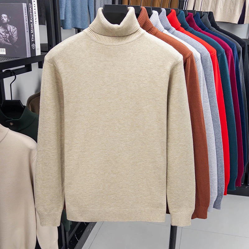 Otoño para hombre de alta calidad de punto suéter de cuello alto ajustado de manga larga anti-pilling jersey Color sólido tendencia hombres Streetwea
