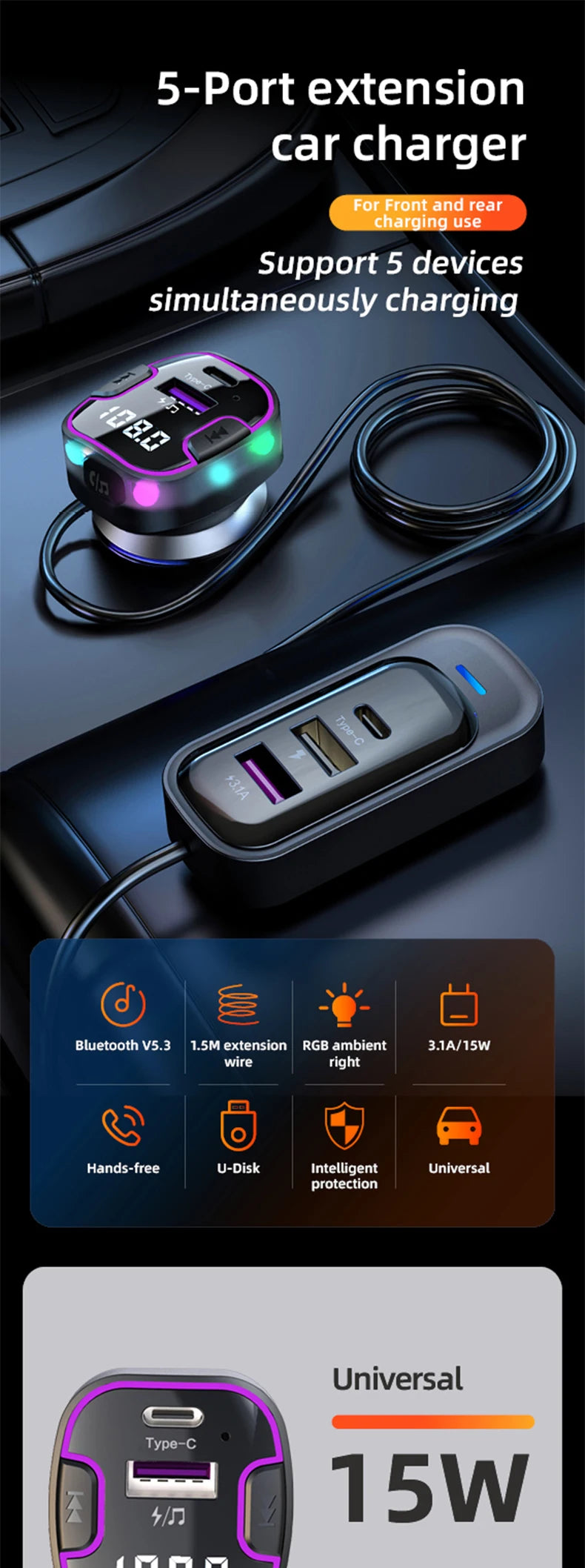 Transmisor FM Bluetooth 5.3 para Auto con Carga Dual USB y Manos Libres