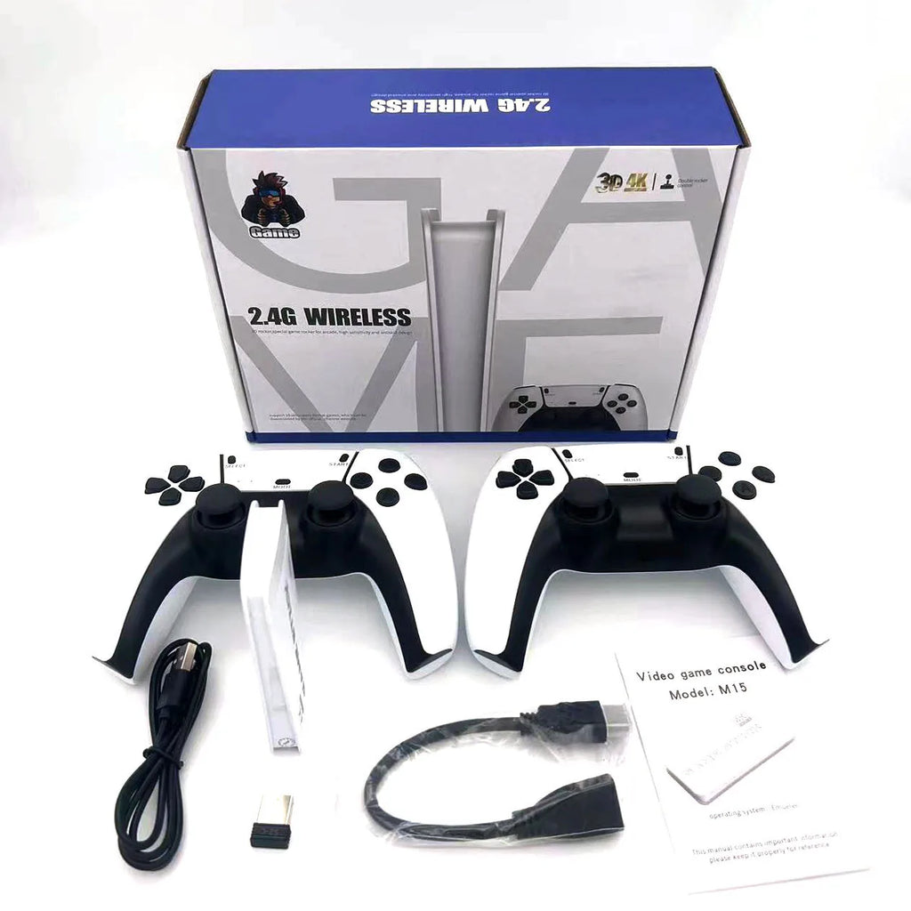 Mini consola de juegos M15 4K, videojuego de TV en casa, consola 64Gretro, 128Gplayer, palo de videojuego HD, 2,4G, control inalámbrico dual, regalo PS1