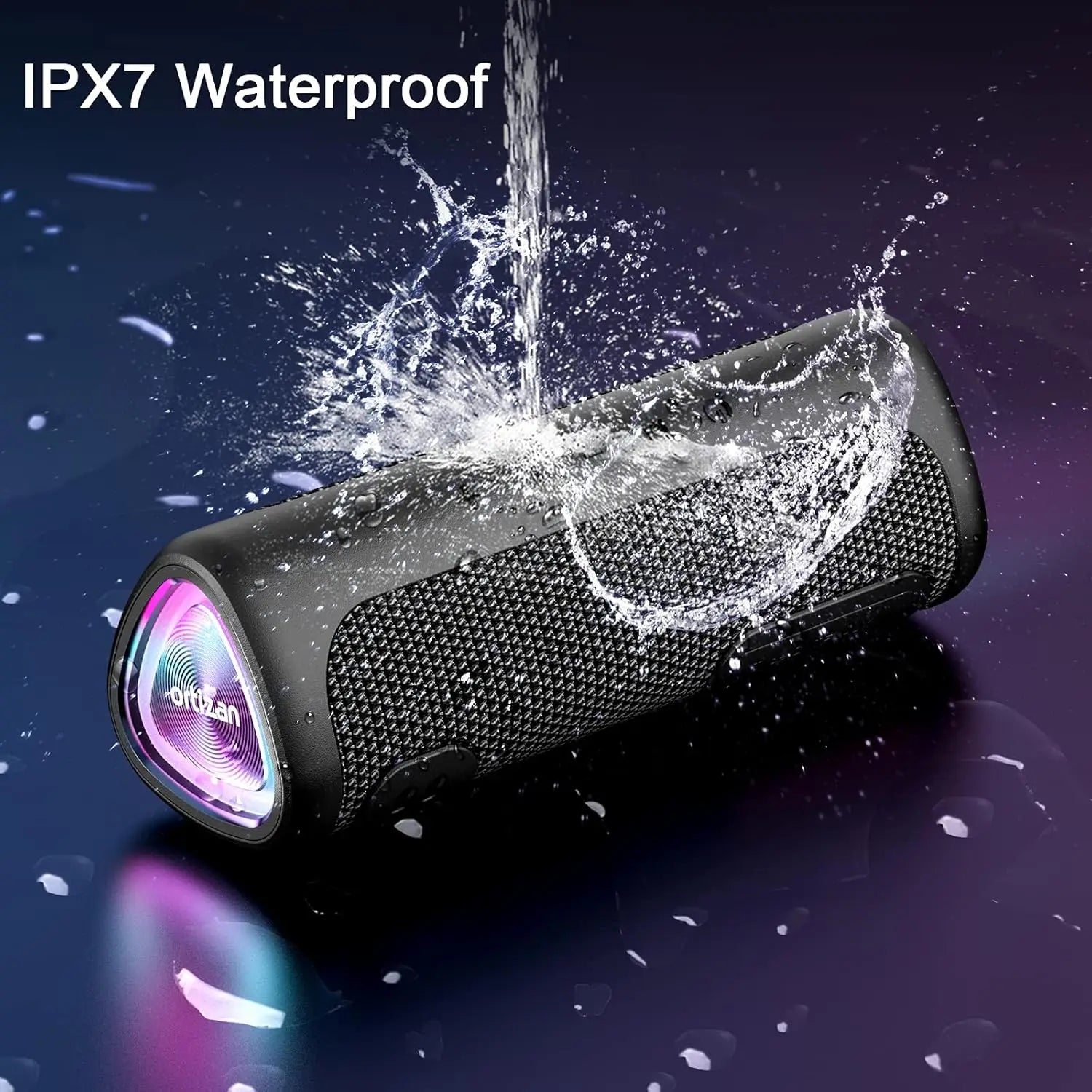 Altavoz Bluetooth Ortizan M7 portátil, sonido potente de 24W, graves ricos, resistente al agua IPX7, tiempo de reproducción 30H, luces coloridas