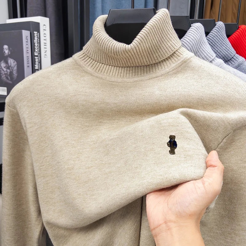 Suéter de Punto de Manga Larga para Hombre, Diseño de Alta Gama, Estampado de Oso, Cuello Alto, Estilo Informal, Versátil, Cálido y Moderno