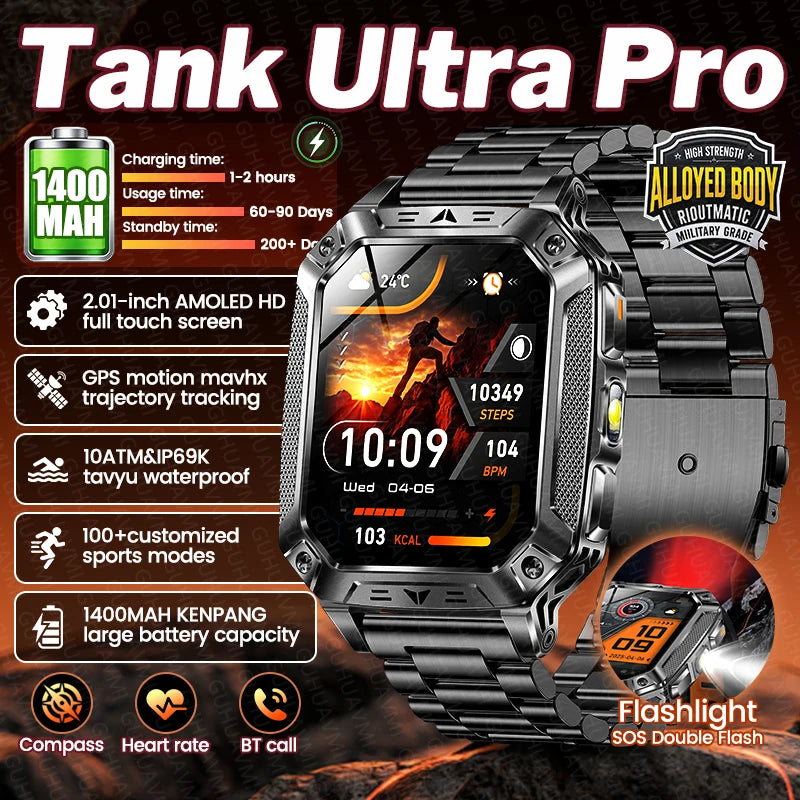 Nuevo Reloj Inteligente Militar TANK Ultra PRO 2026 para Hombre, Batería Grande de 1400mAh, Linterna, GPS, Resistente al Agua 10ATM, Llamadas Bluetooth, Reloj Deportivo Inteligente