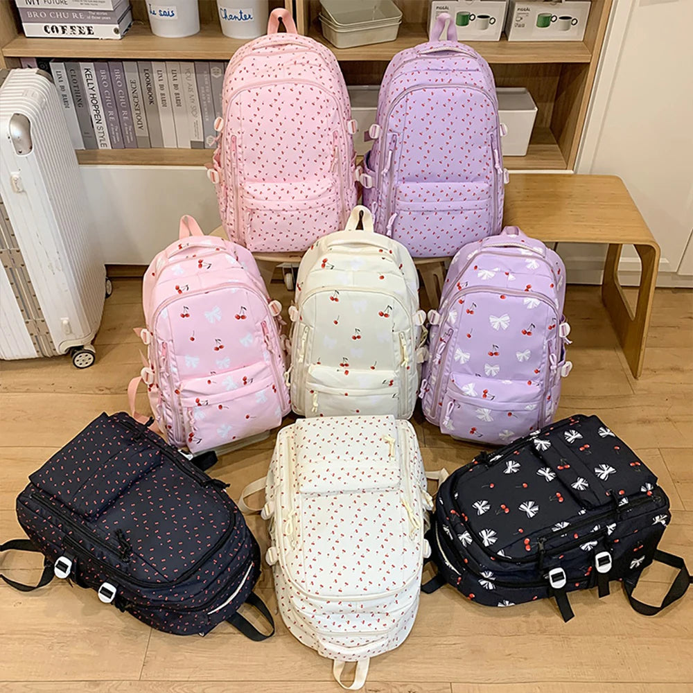 Mochila de Nailon con Estampado de Cerezas y Lazos, Mochila Grande con Múltiples Bolsillos, Ligera y Resistente al Agua para la Escuela y Uso Diario