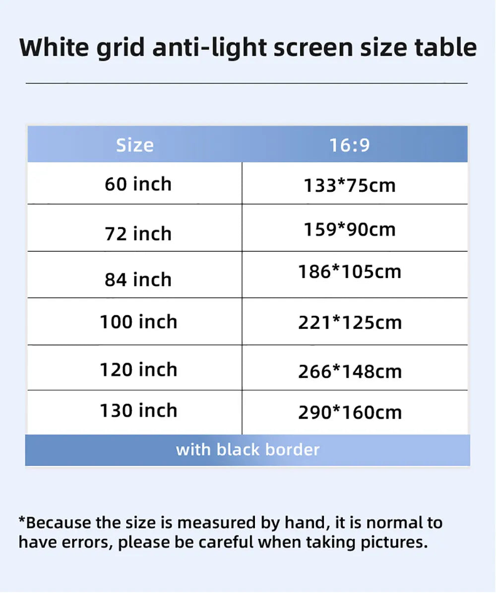 Pantalla de proyección anti-luz 16:9, tela HD reflectante de 60 a 133 pulgadas