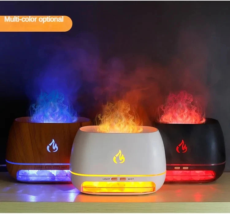 Nuevo Humidificador de aire con Aroma de fuego y llama 3D, piedra de sal de cristal del Himalaya, luz nocturna colorida, difusor de aceite esencial de aromaterapia