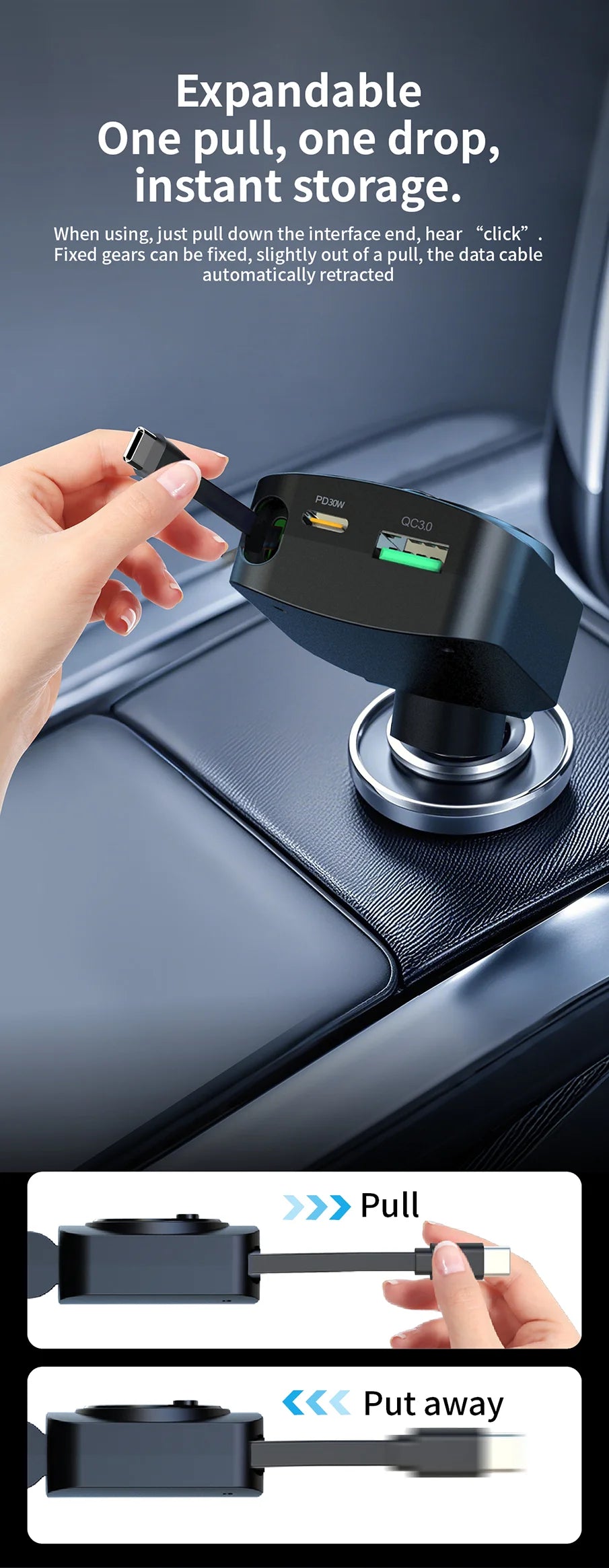 Cargador de Auto Retráctil 60W con Cable Tipo C PD30W y QC3.0 USB