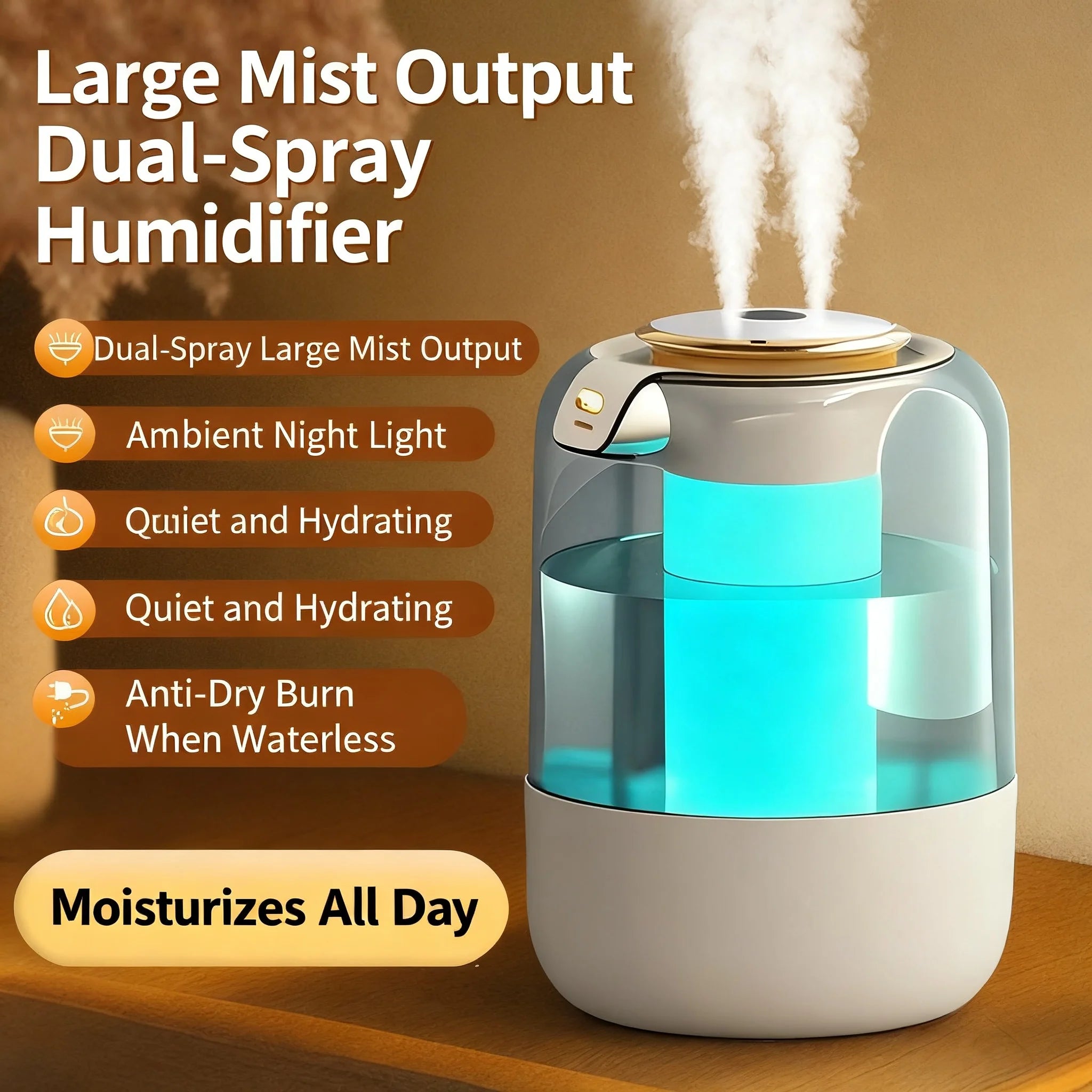 Humidificador de doble pulverización, luz ambiental, niebla silenciosa, sensor inteligente para monitoreo en tiempo real y ajuste de humedad