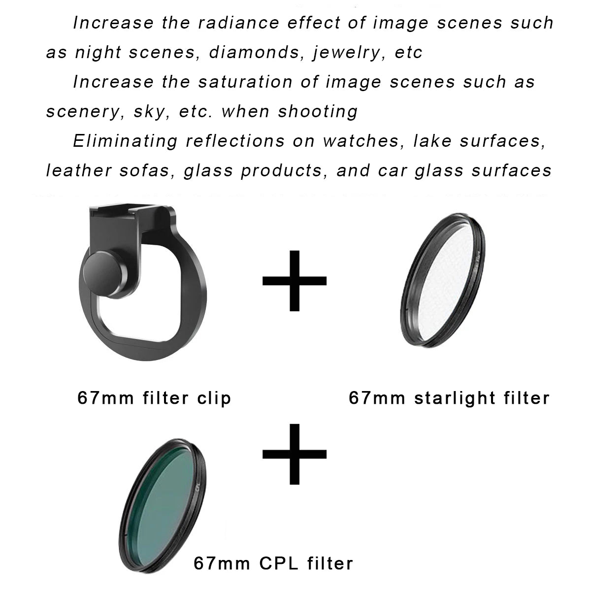 Kit de Filtros 67mm para Lente de Teléfono - CPL, VND, Star, Black Mist
