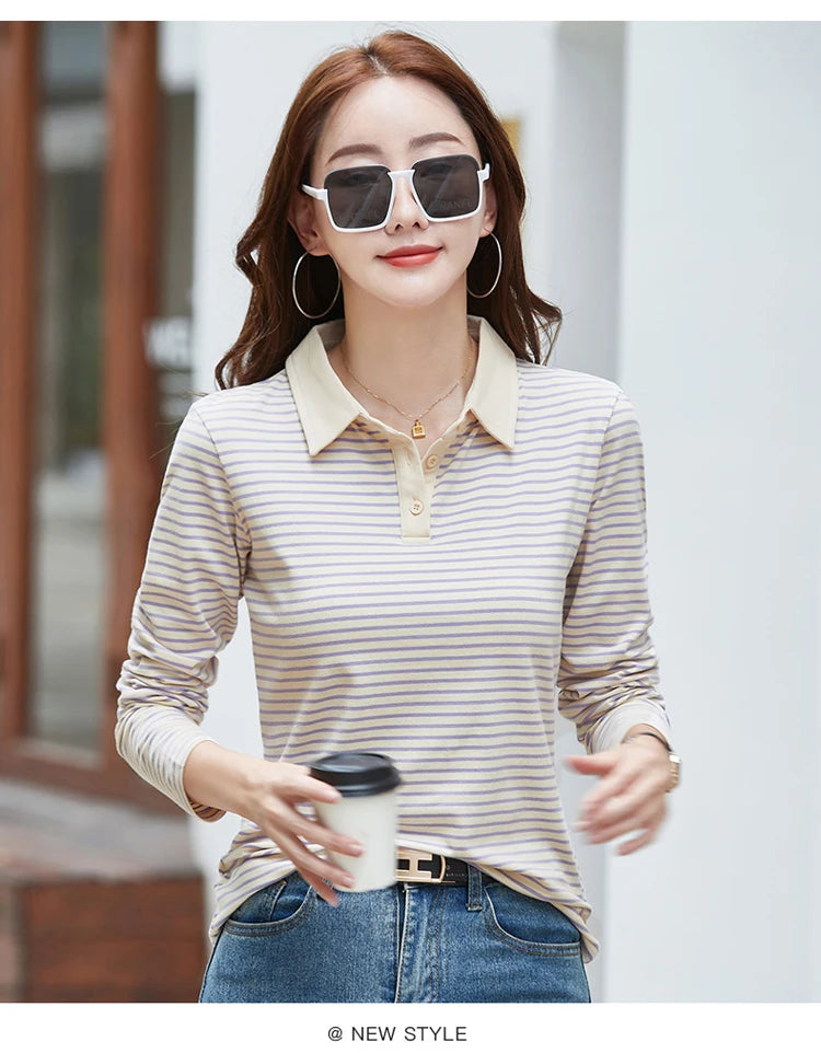 Polo de Manga Larga a Rayas de Estilo Coreano