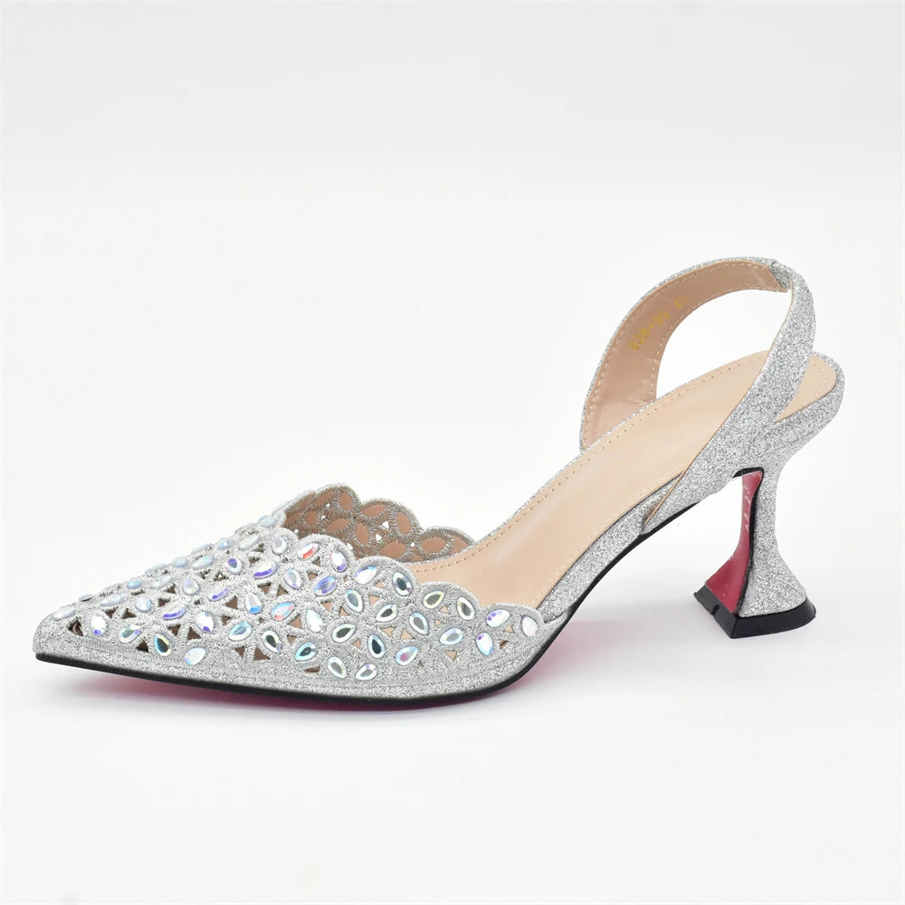 Zapatos y bolso de Color plateado para fiesta, boda, conjunto de zapatos y Bolsa de lujo para mujer, para fiesta de Nigeria, Italia, zapatos de tacón elegantes para mujer