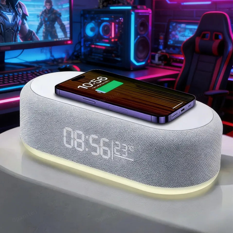 Base de Carga Inalámbrica con Alarma, Lámpara de Noche, Reloj de Escritorio y Termómetro para iPhone 17, 16, 15, 14, 13, con Carga Rápida