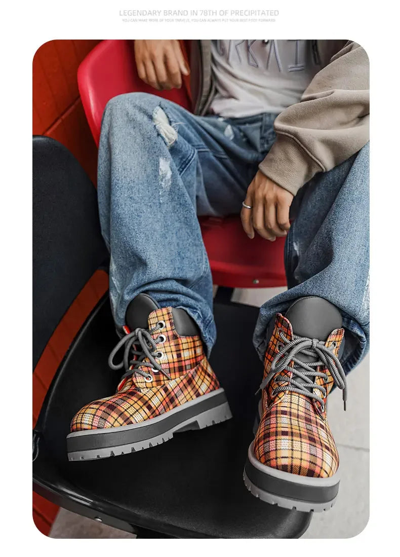 Botas de tobillo a cuadros para hombre con cordones y suela antideslizante