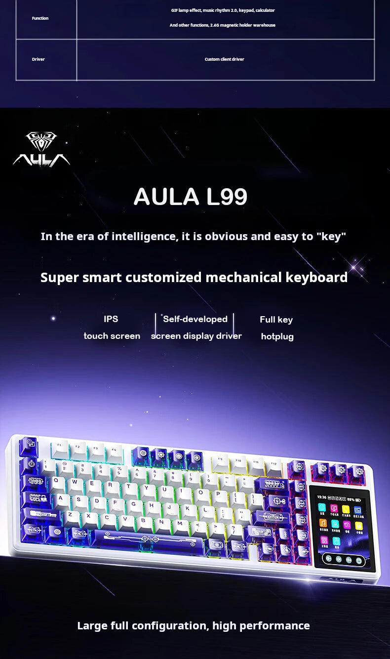 Teclado Mecánico AULA L99 con Pantalla Inteligente, Inalámbrico Bluetooth, Estructura Gasket, Teclado para Juegos con Iluminación RGB y Visión Nocturna