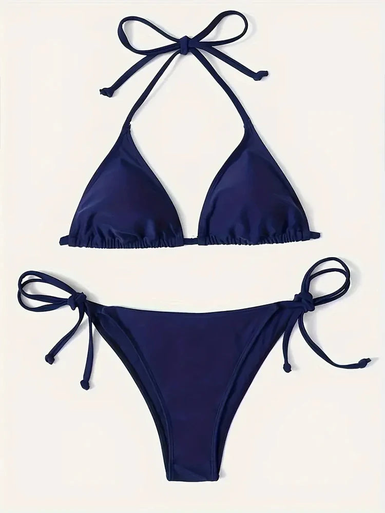 Traje de baño Tanga Bikini conjunto Sexy nuevo azul marino trajes de baño mujer Sexy trajes de baño Bikinis triángulo vendaje ropa de playa femenina