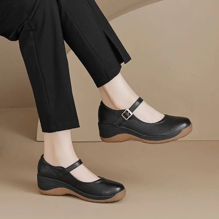 Zapatos de Tacón Bajo para Mujer, Cuña con Hebilla, Cuero Casual