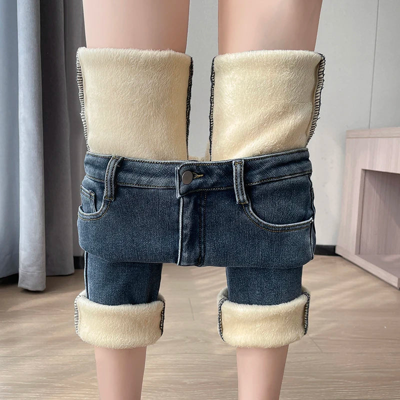 Pantalones Vaqueros Y2K con Forro Polar para Mujer, Cintura Alta, Pierna Recta