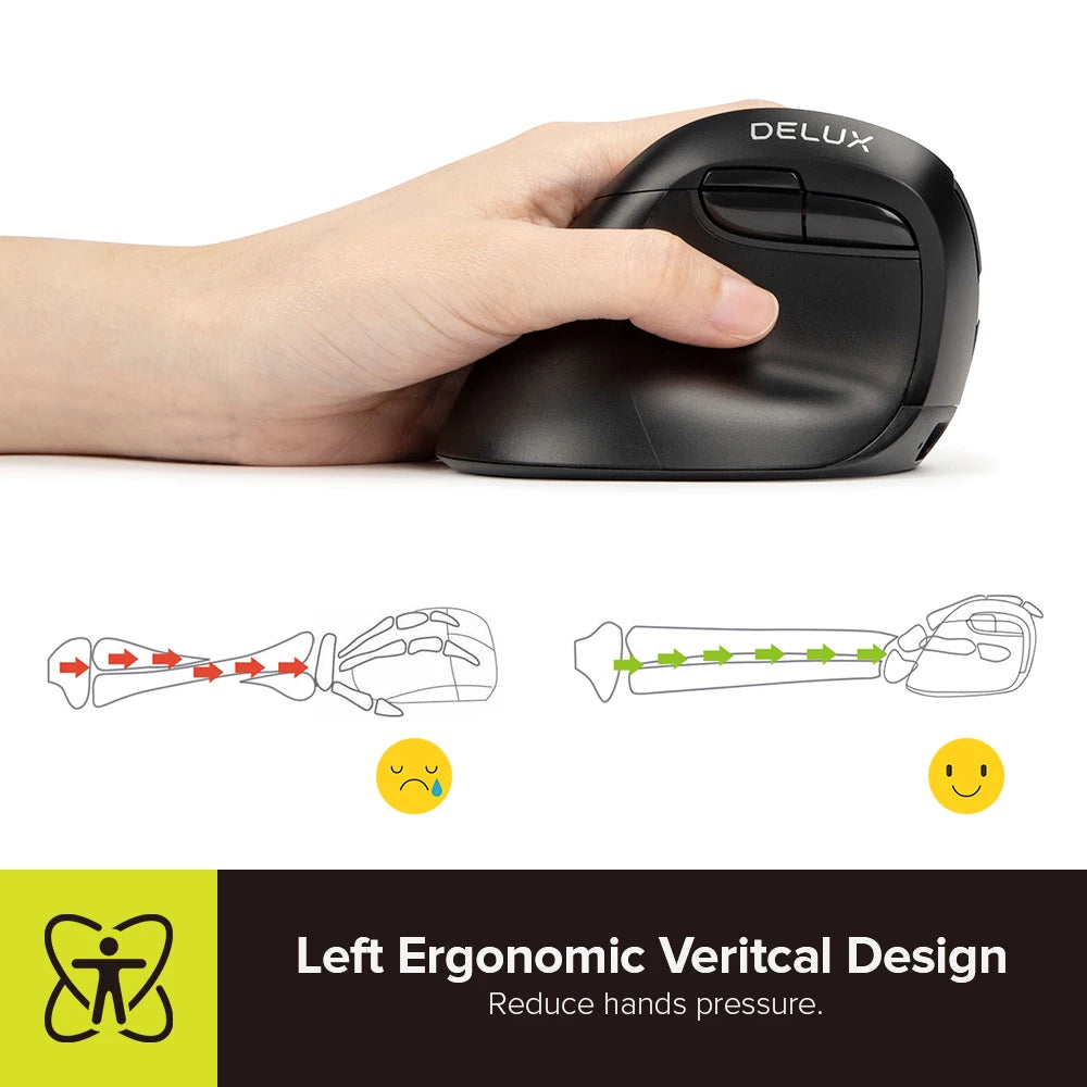Delux M618ZD Ratón Vertical inalámbrico ergonómico de mano izquierda Bluetooth 2,4 GHz recargable silencioso clic ratones para oficina mano pequeña