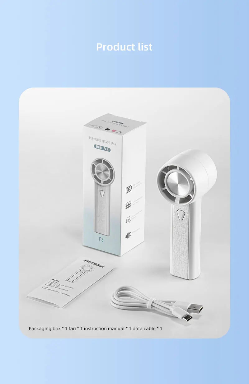 Ventilador portátil de mano, Mini ventilador de carga USB para el hogar de 1800mAh, carga USB de alta velocidad, ventilador de mano de refrigeración para acampar al aire libre