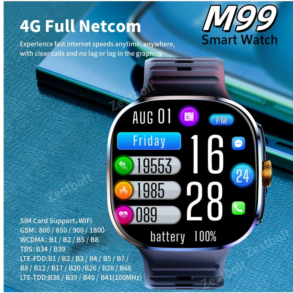 Reloj inteligente M99 Original con pantalla Amoled de 2,4 pulgadas, tarjeta Sim 4G/5G, GPS, WIFI 190 °   Reloj inteligente Android 10.0 con juego de cámara giratoria