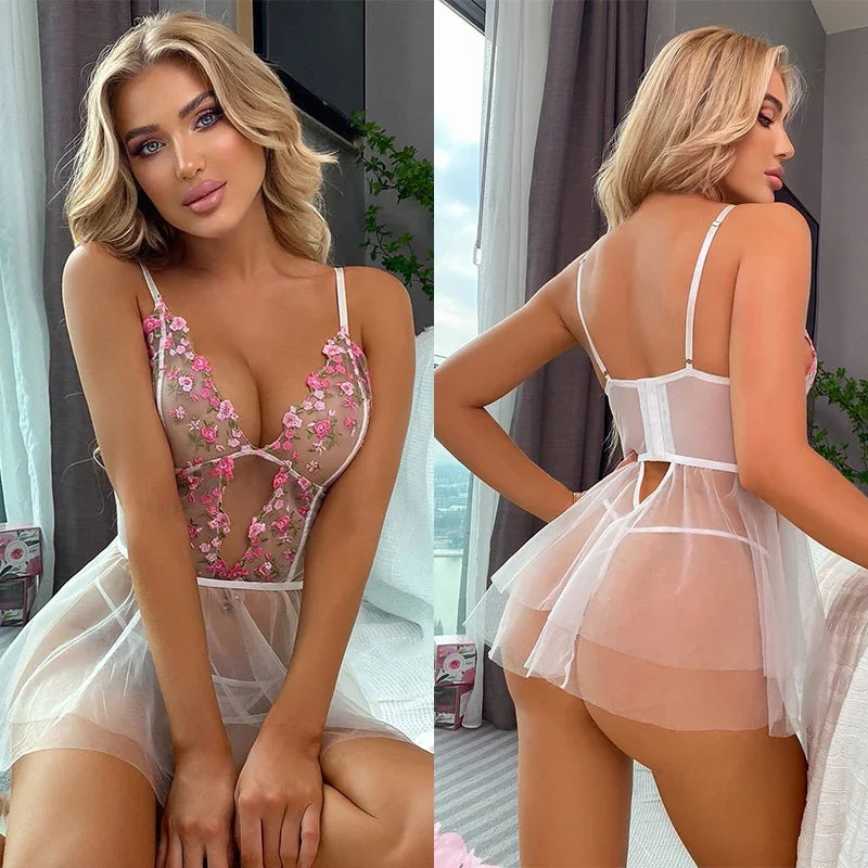 Camisón Transparente con Bordado Floral y Encaje Sexy para Mujer