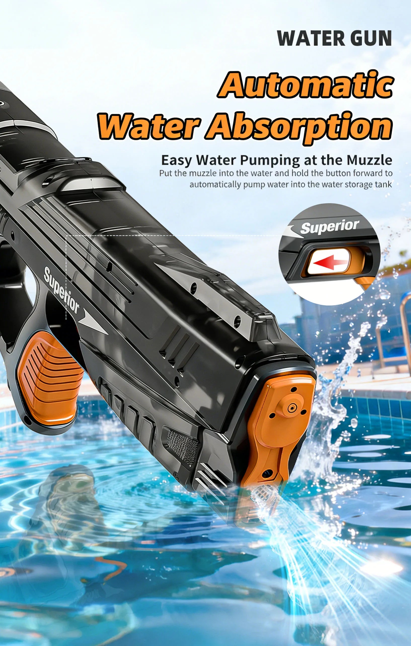 Pistolas de Agua Eléctricas Nuevas para Niños, Venta al por Mayor, Absorción Automática de Agua, Pantalla de Batería, Gran Capacidad, Juguete de Agua para Niños